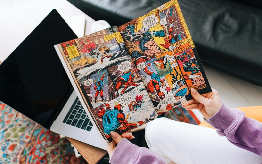 Person reading comic book at home in living room.